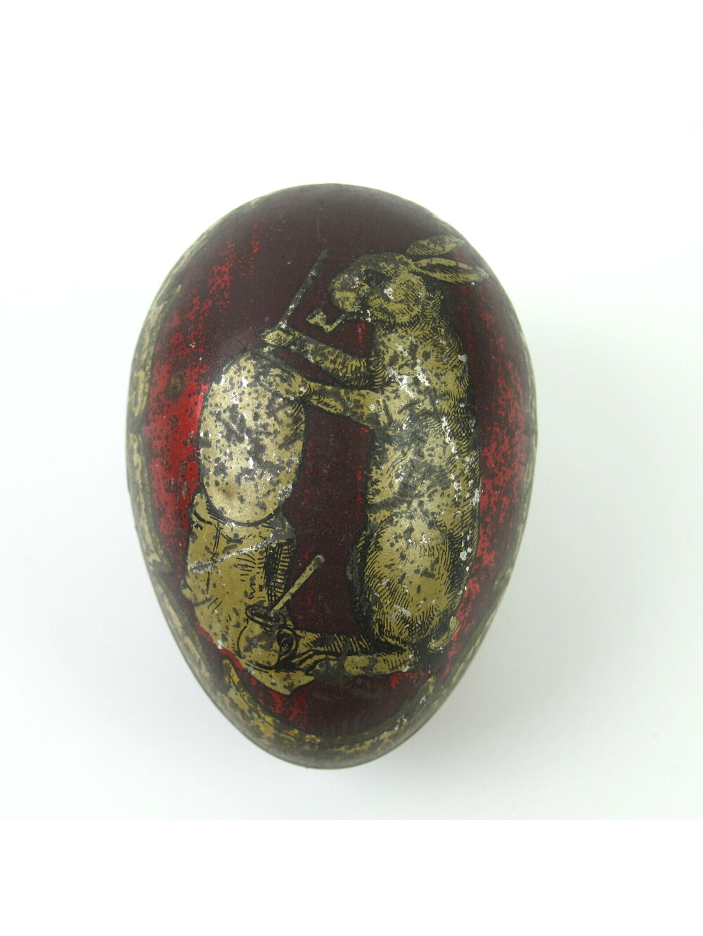 Antique Tin Litho Easter Egg Candy Container Anthropomorphic Rabbit Smokes Pipe